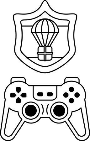A black and white image of a video game controller and a shield with a parachute on it. The...