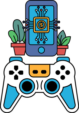 A black and white drawing of a video game controller with a cell phone and a plant on top of it