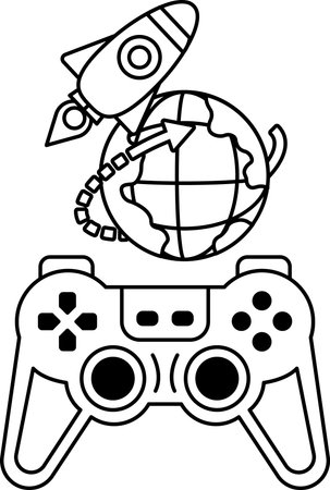 A black and white drawing of a video game controller with a rocket and a globe on top of it