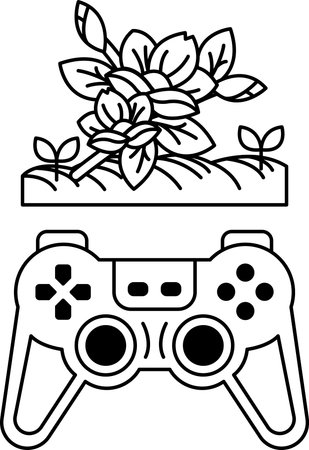 A black and white drawing of a video game controller and a flower. The controller is on the left...