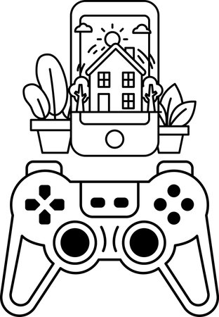 A video game controller is on top of a house and a cell phone. The house is surrounded by plants and...