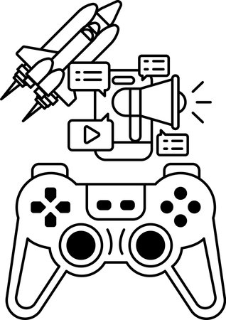A black and white image of a video game controller with a rocket and a megaphone on top of it