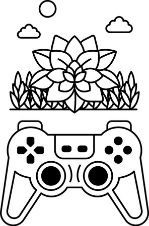 A black and white drawing of a video game controller with a flower in the background. The controller...