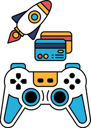 A black and white drawing of a video game controller with a rocket and credit cards in the...