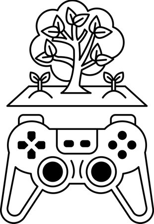 A black and white image of a video game controller with a tree on top of it. The controller is...