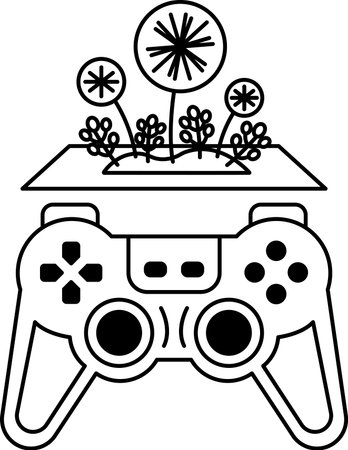 A black and white image of a video game controller with a flower on top of it. The flower is...