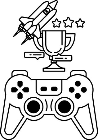 A black and white drawing of a video game controller with a rocket and a trophy on top. The...