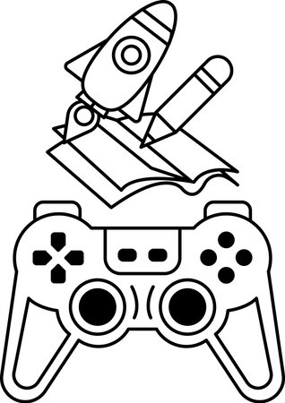 A black and white drawing of a video game controller with a rocket and a pencil on top of it