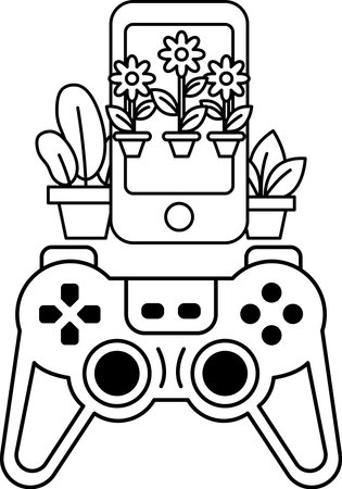 A black and white drawing of a video game controller with a flower and a cell phone on top of it