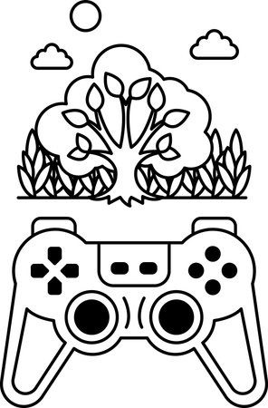 A black and white drawing of a video game controller with a tree in the background. The controller...