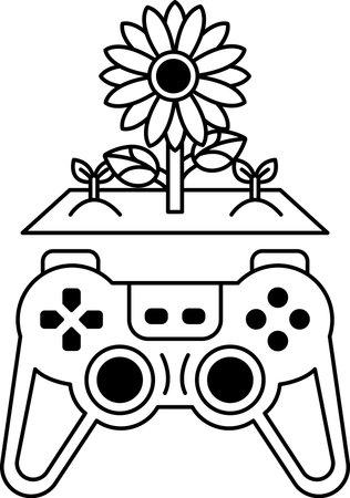 A black and white image of a video game controller with a flower on top of it. The controller is...