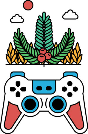 A black and white drawing of a video game controller with a leafy background. The controller is...
