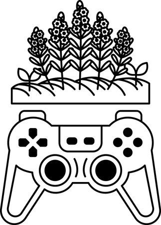 A black and white image of a video game controller with a flower on top of it. The controller is...