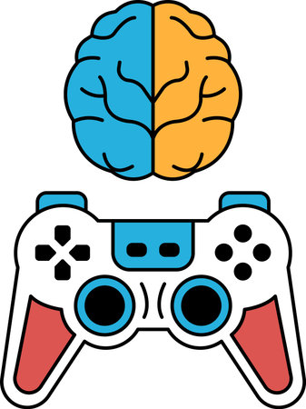 A black and white image of a video game controller with a brain on the side. The controller is...
