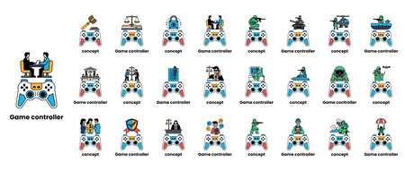 A collection of game controllers with various designs and colors. The image is titled "Game Controller" and is a collection of different game controllersのイラスト素材