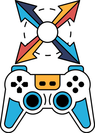 A black and white image of a video game controller with a white arrow pointing to the right. The...