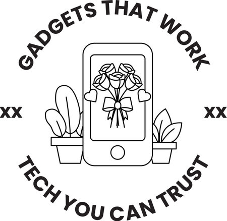 A black and white logo for a company called Gadgets that work tech trust. The logo features a phone...