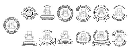 A collection of black and white logos and symbols. The first logo is a circle with the letter A in...