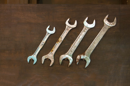 wrench on the woodの写真素材