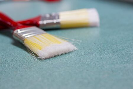 Close up of two paint brush on green table