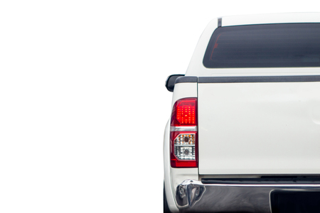Back view of white truck with white backgroundの写真素材
