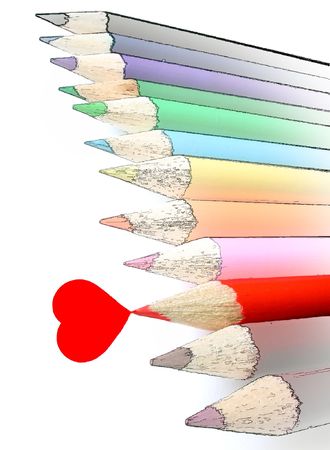 isolated red pencil crayon draws a heart while other crayons remain in hand drawn stateの写真素材