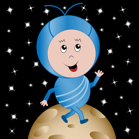 Cute happy alien child cartoon character walking on a planet with an outer space backgroundのイラスト素材