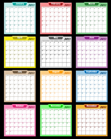 Calendar 2011 in assorted colors with large date boxes. Each month a different color.のイラスト素材