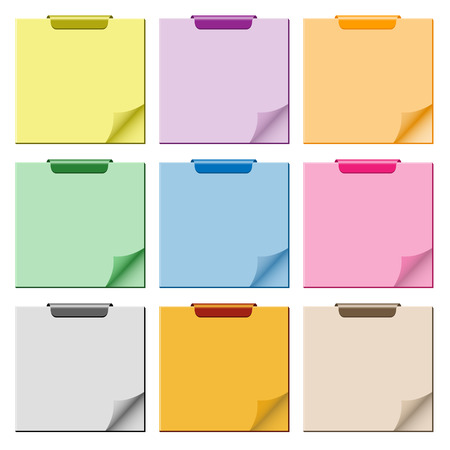 Notepad set in assorted colors with page curled up, clip at top of pad and ample copy space for text.のイラスト素材