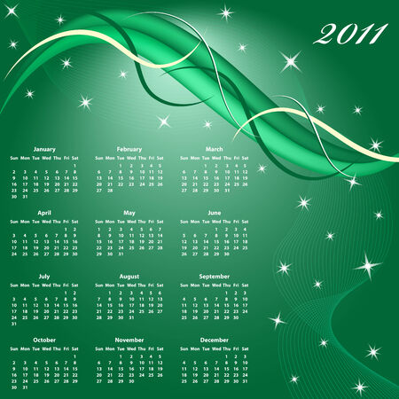 Calendar 2011 full year. January through to December months with a green abstract background.のイラスト素材