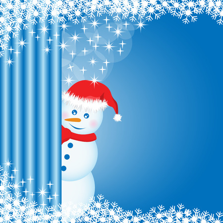 Snowman peeping behind a curtain, snowflakes and stars on blue xmas background. Copy space for text.のイラスト素材