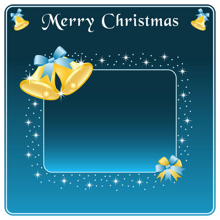 Christmas bells in gold, blue blow and stars. Copy space for text.のイラスト素材
