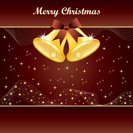 Gold christmas bells with pretty bow and yellow stars on dark brown background. Copy space for text.のイラスト素材