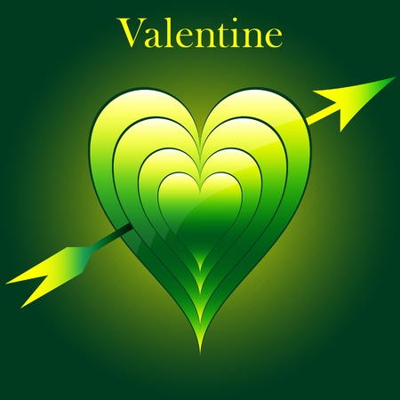 Valentine love hearts in green and yellow with arrow. Subtle pattern and glowing background.のイラスト素材