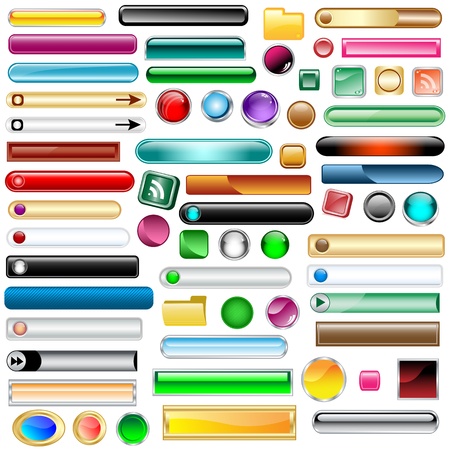 Web buttons collection with 63 scalable assorted colors and shapes inc round, square, rectangles and oval shaped buttons. Isolated on white.のイラスト素材