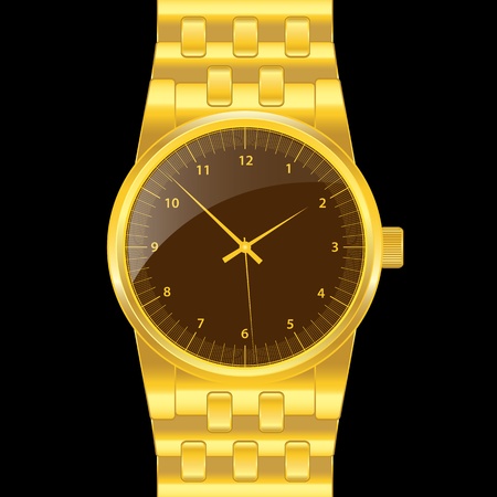 Gold watch with gold wrist band, brown shiny clock face. Classical modern watch. Isolated on black. のイラスト素材