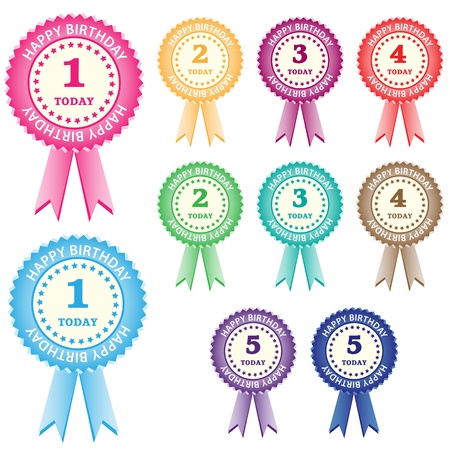 Birthday rosettes for children from 1 year to 5 years in assorted boy and girl colors. Isolated on white.のイラスト素材