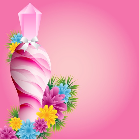 Perfume bottle with flowers and white bow set on a pink background. Copy space for text.のイラスト素材