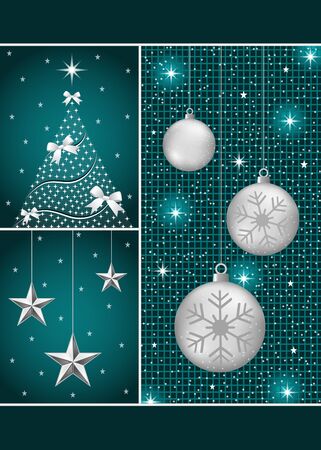 Christmas balls in silver with snowflakes, xmas tree and hanging stars on a dark blue themed background.のイラスト素材