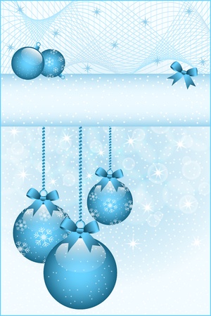 Blue christmas balls and bows decorated with snowflakes. Stars and snow in the background. Copy space for text.のイラスト素材