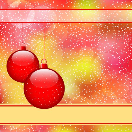Red christmas balls on subtle colorful bokeh abstract background covered in snow. Copy space for text.のイラスト素材