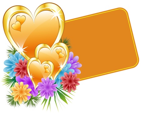 Valentine gold hearts, flowers and a gift tag. Isolated on white. Copy space for text.のイラスト素材