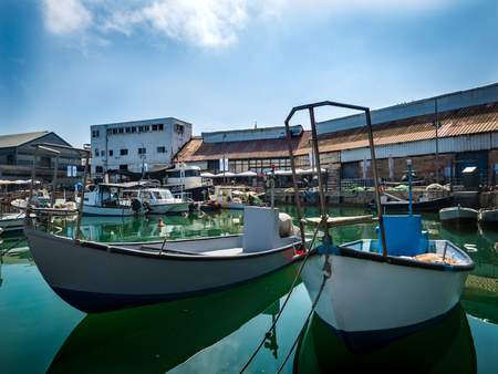 Fishing boats anchored in the harbor at Jaffa,Israelの写真素材