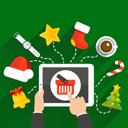 Vector illustration of choosing a Christmas or New Year gift online store with a tabletのイラスト素材