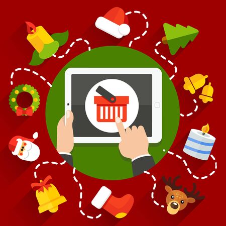 Vector illustration of choosing a Christmas or New Year gift online store with a tabletのイラスト素材