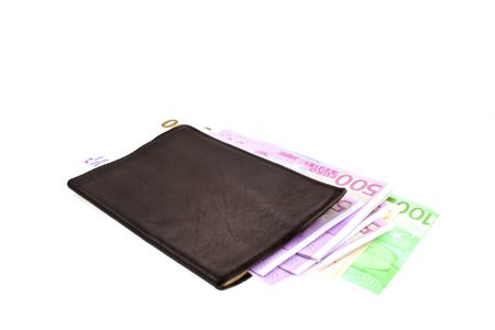 euro's banknotes in black purse and coins on a white background
