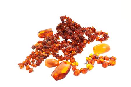 amber necklaces on a white backgroundの写真素材