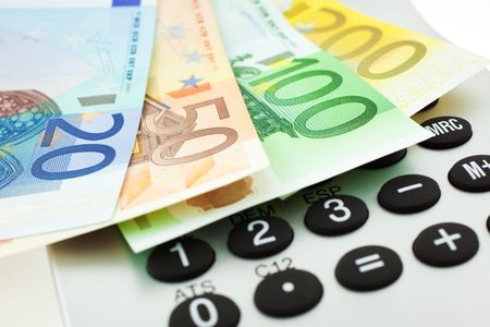 Euro notes with calculator. closeup. small GRIPの写真素材