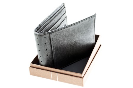 new black leather wallet in a box isolated. horizontal shotの写真素材