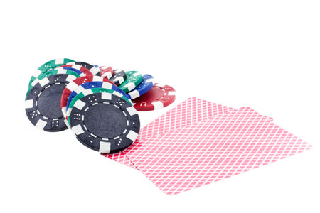 multicolor poker chips and cards isolated on white backgroundのeditorial素材
